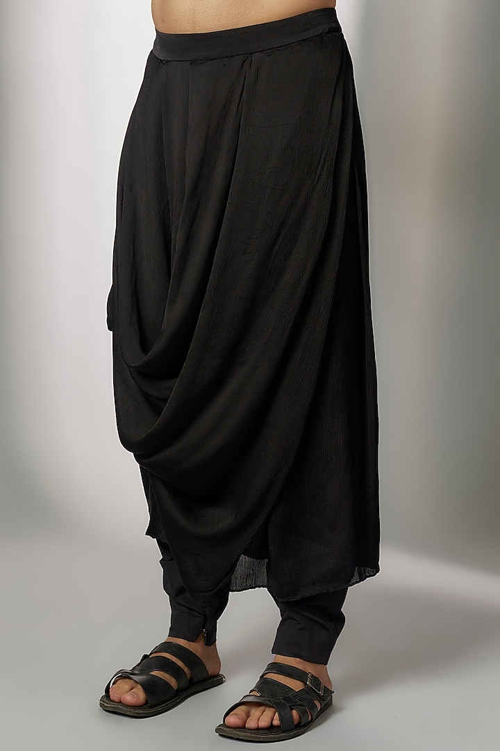 Black Linen Blend Draped Salwar Pants by Antar Agni Men at Pernia's Pop Up Shop