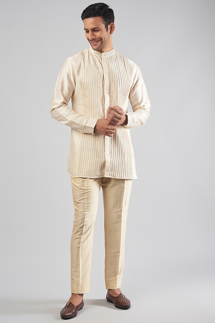 Ivory Cotton Silk Pleated Short Kurta by Antar Agni Men