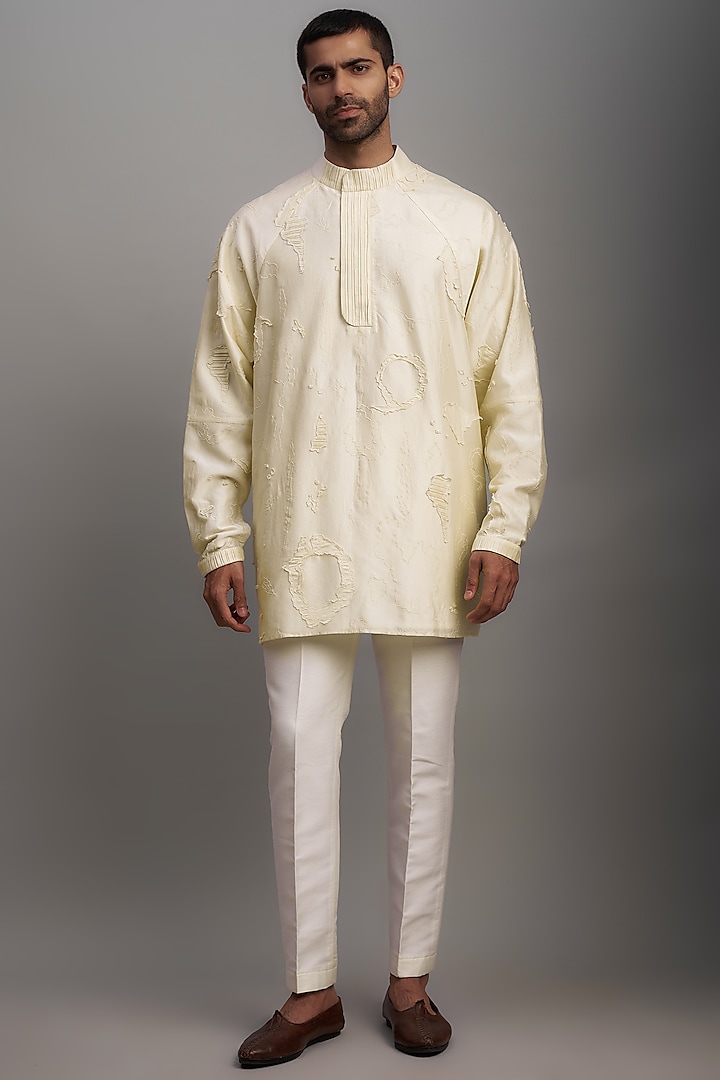 Ivory Cotton Silk Short Kurta by Antar Agni Men