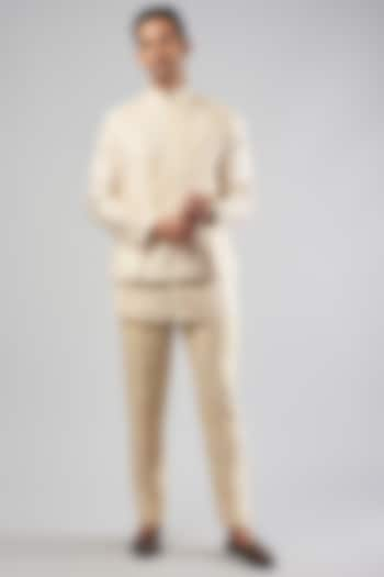 Ivory Cotton Silk Pleated Bundi Jacket by Antar Agni Men