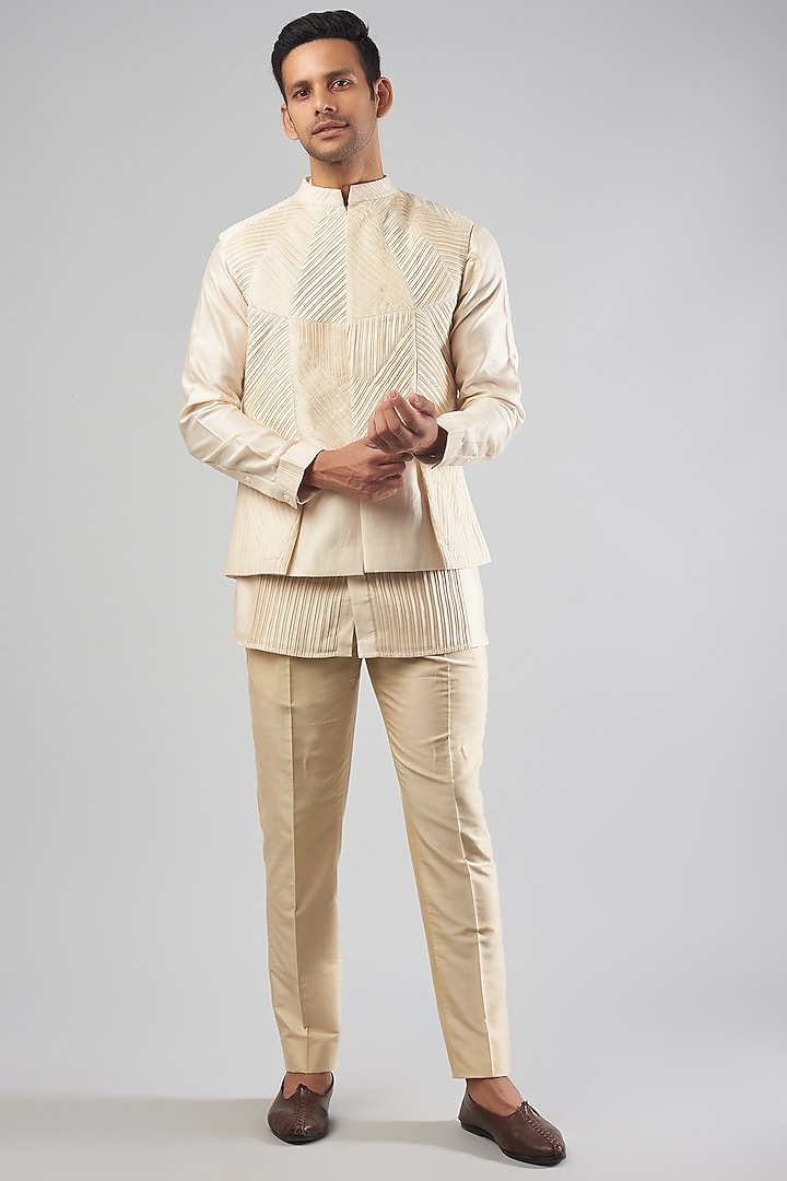 Ivory Cotton Silk Pleated Bundi Jacket by Antar Agni Men