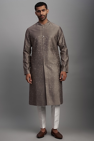 Smoke Cotton Silk Embroidered Kurta by Antar Agni Men