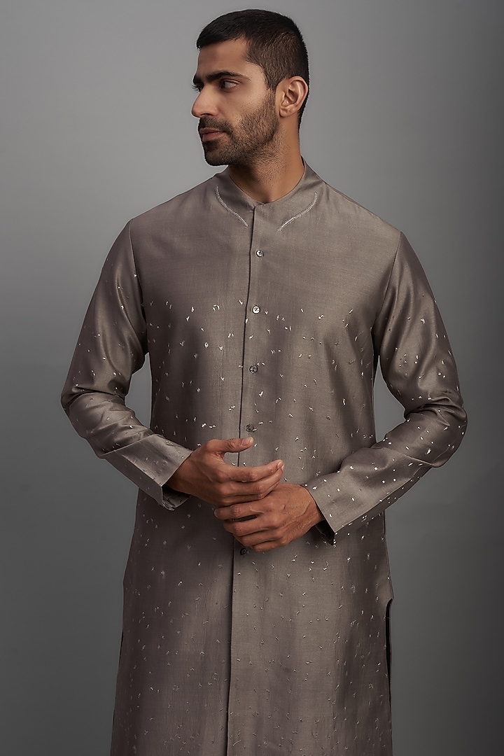 Smoke Cotton Silk Embroidered Kurta by Antar Agni Men at Pernia's Pop Up Shop