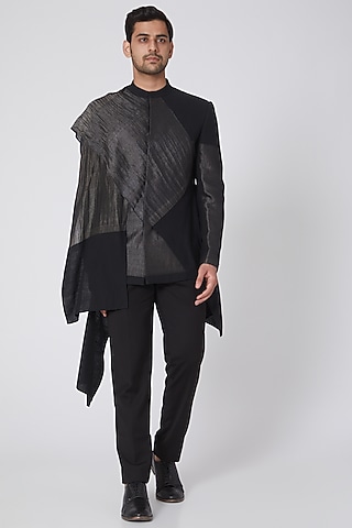 Black Cotton Silk Kurta by Antar Agni Men
