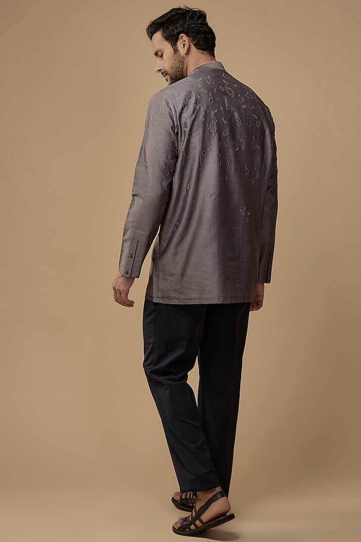 Dark Grey Cotton Silk Embroidered Short Kurta by Antar Agni Men at Pernia's Pop Up Shop