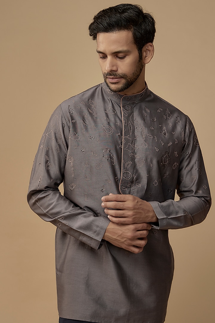 Dark Grey Cotton Silk Embroidered Short Kurta by Antar Agni Men at Pernia's Pop Up Shop