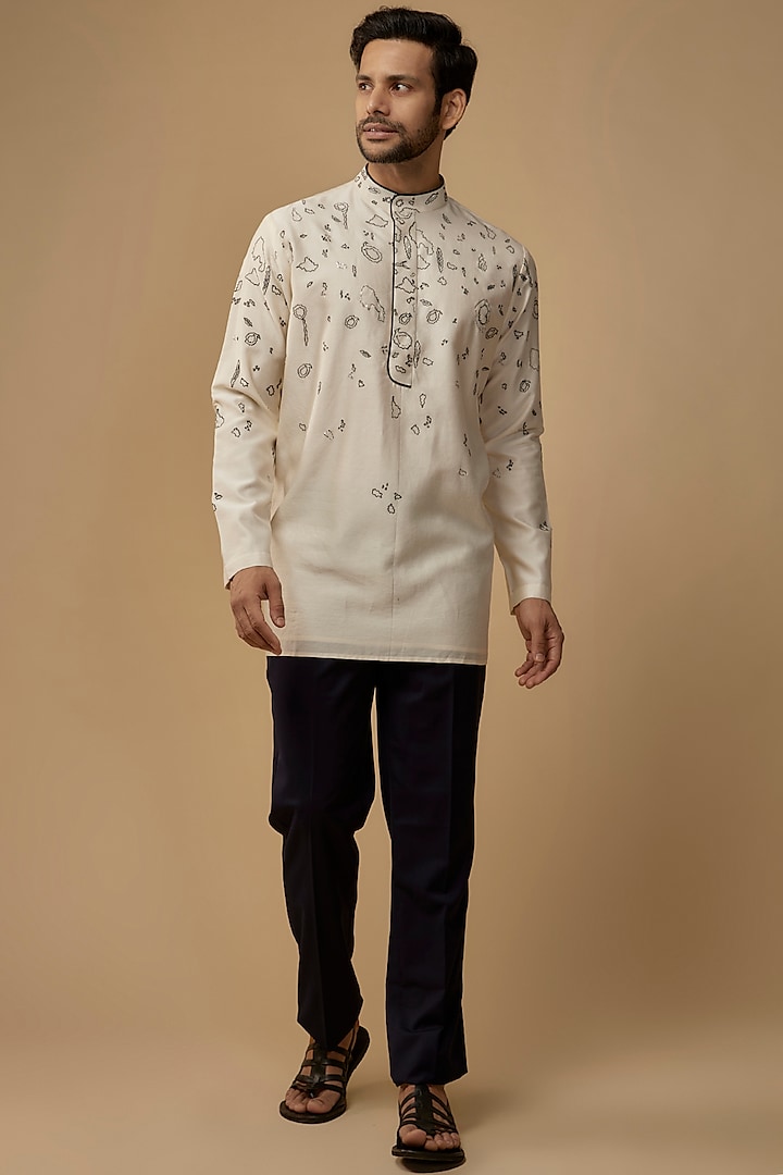 Ivory Cotton Silk Embroidered Short Kurta by Antar Agni Men