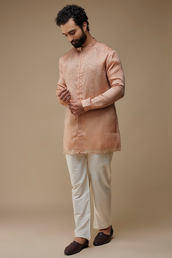 Rose Cotton Silk Embellished Short Kurta by Antar Agni Men at Pernia's Pop Up Shop