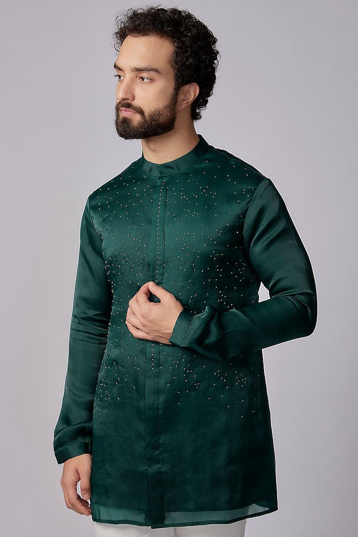 Teal Blue Cotton Silk Embellished Short Kurta by Antar Agni Men at Pernia's Pop Up Shop