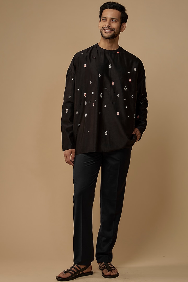 Black Cotton Silk Embroidered Short Kurta by Antar Agni Men