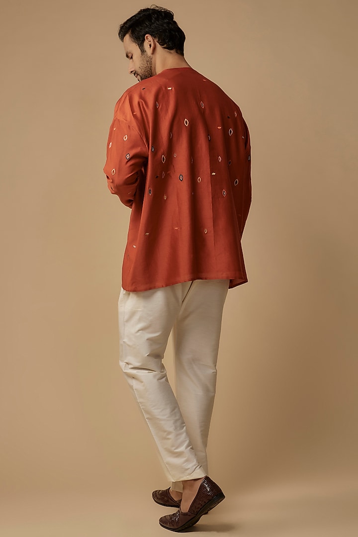 Burnt Orange Cotton Silk Embroidered Short Kurta by Antar Agni Men at Pernia's Pop Up Shop