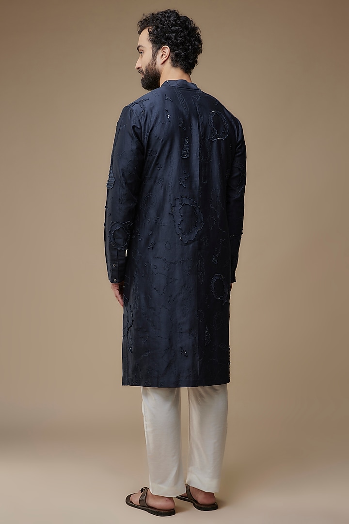 Navy Blue Cotton Silk Embroidered Kurta by Antar Agni Men at Pernia's Pop Up Shop