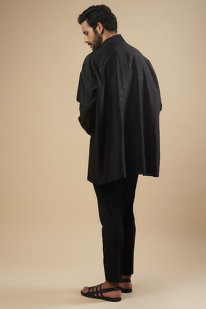 Black Cotton Silk Embellished Kurta by Antar Agni Men at Pernia's Pop Up Shop