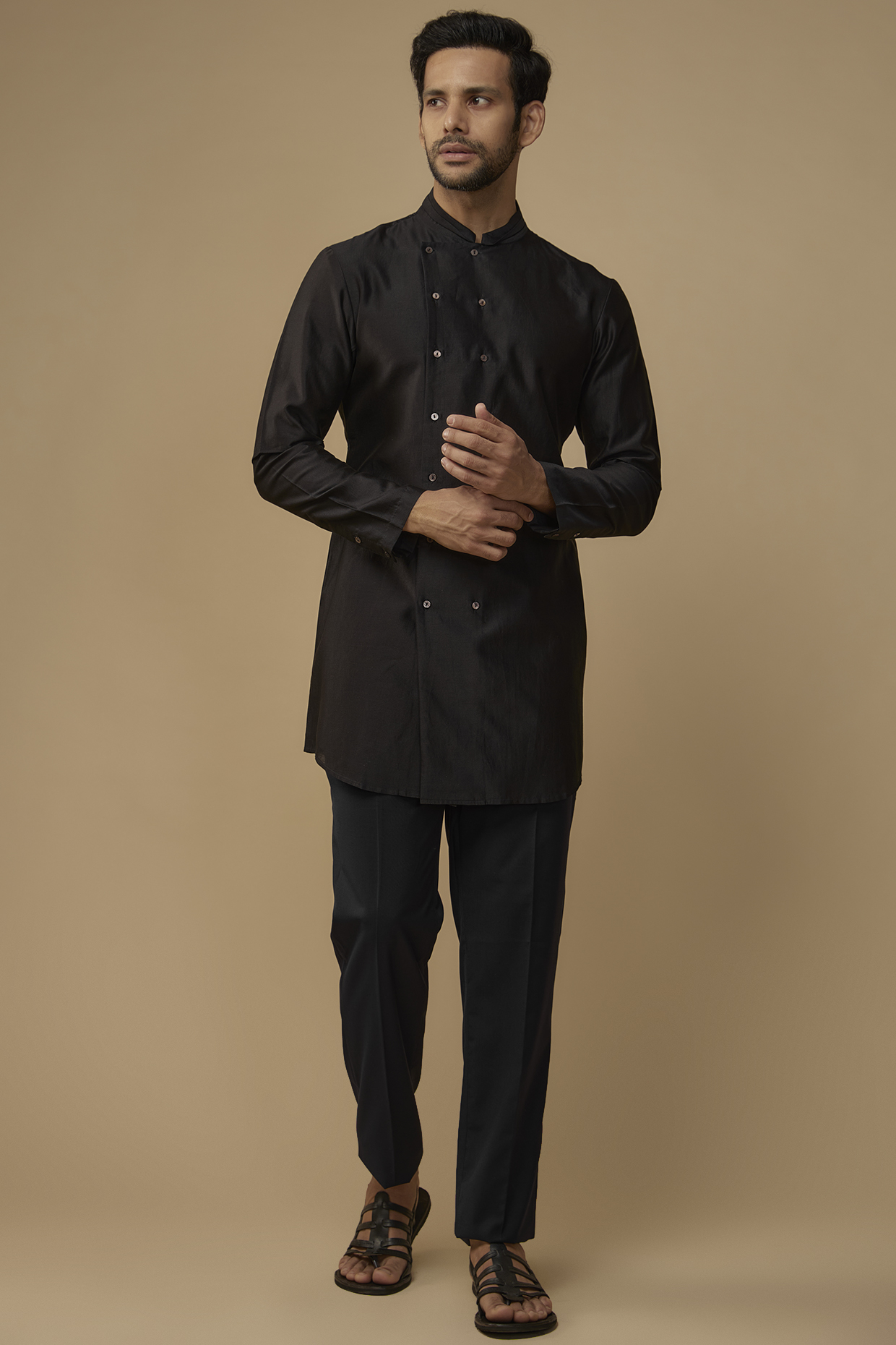 Black Cotton Silk Kurta by Antar Agni Men