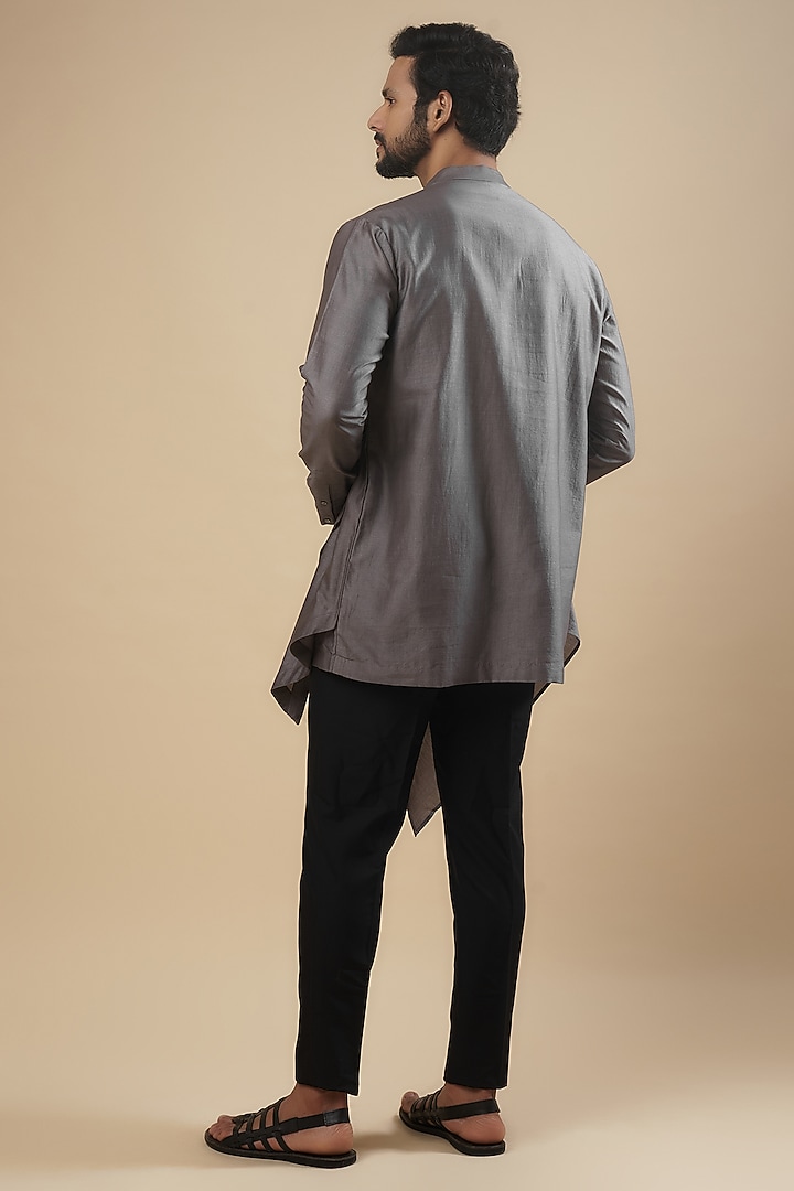 Dark Grey Cotton Silk Asymmetrical Kurta by Antar Agni Men at Pernia's Pop Up Shop