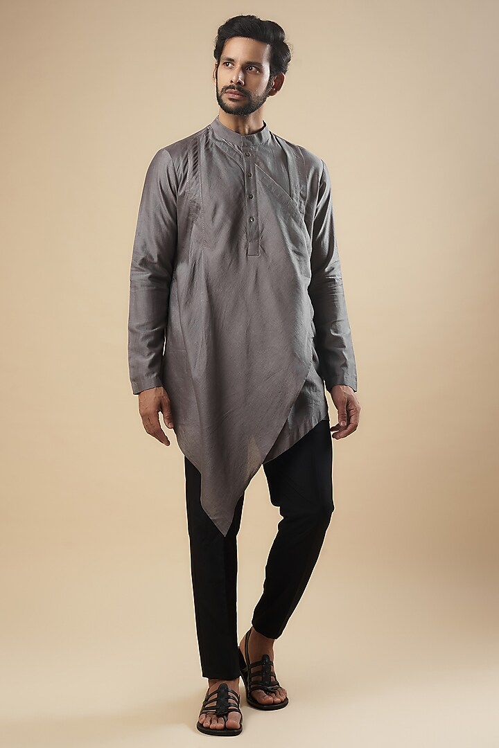 Dark Grey Cotton Silk Asymmetrical Kurta by Antar Agni Men at Pernia's Pop Up Shop