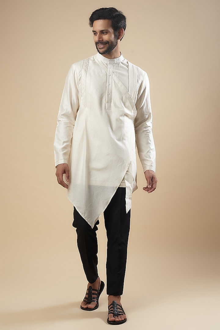 Ivory Cotton Silk Asymmetrical Kurta by Antar Agni Men at Pernia's Pop Up Shop