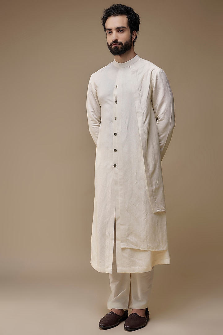 Ivory Cotton Silk Asymmetric Kurta by Antar Agni Men