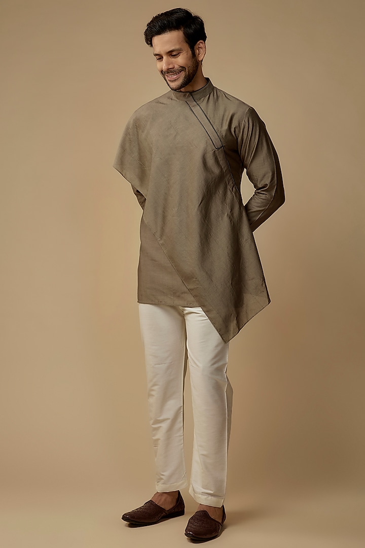 Mud Green Cotton Silk Asymmetrical Kurta by Antar Agni Men