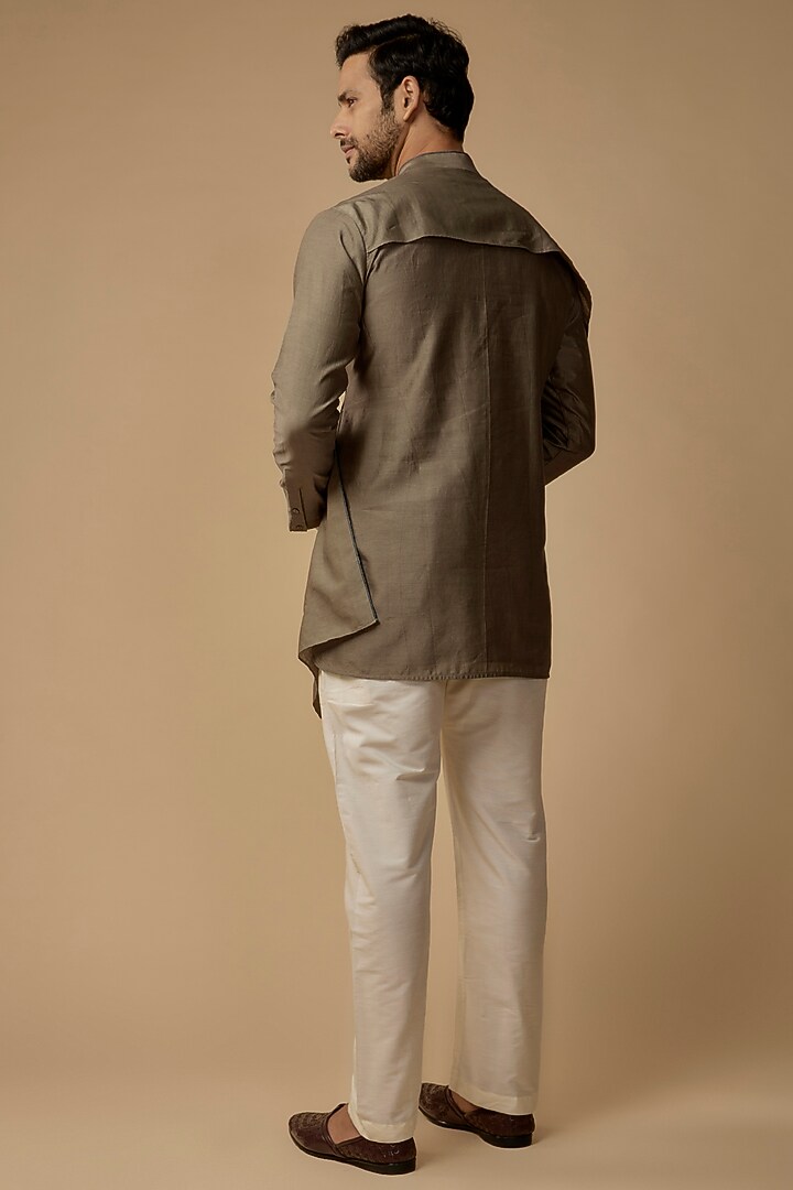 Mud Green Cotton Silk Asymmetric Kurta by Antar Agni Men at Pernia's Pop Up Shop