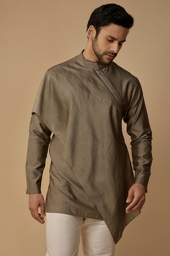 Mud Green Cotton Silk Asymmetric Kurta by Antar Agni Men at Pernia's Pop Up Shop