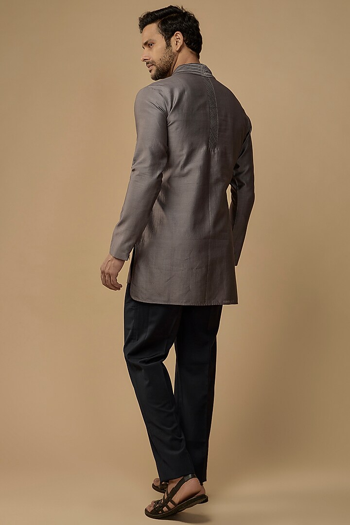 Dark Grey Cotton Silk Pleated Kurta by Antar Agni Men at Pernia's Pop Up Shop