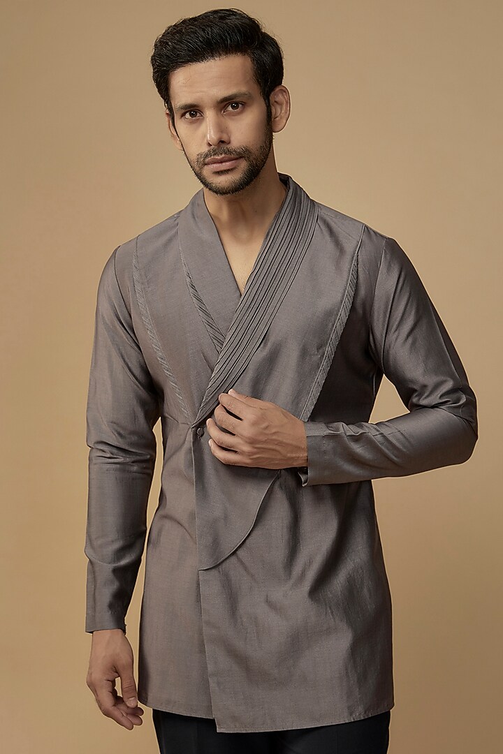 Dark Grey Cotton Silk Pleated Kurta by Antar Agni Men at Pernia's Pop Up Shop