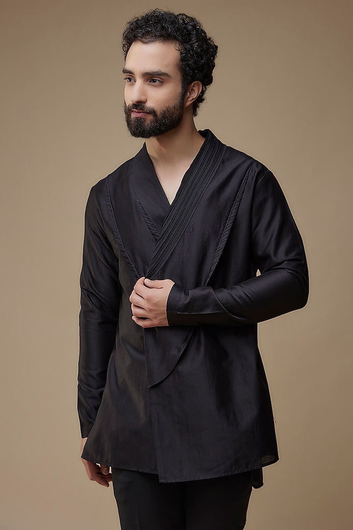 Black Cotton Silk Asymmetric Kurta by Antar Agni Men