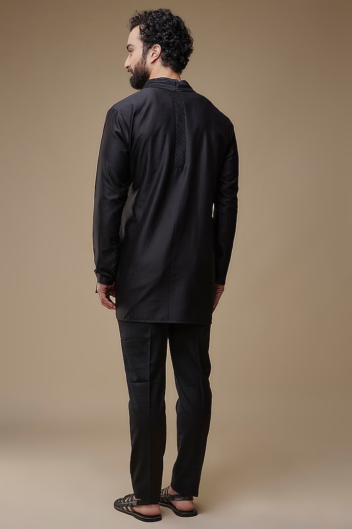 Black Cotton Silk Asymmetric Kurta by Antar Agni Men at Pernia's Pop Up Shop