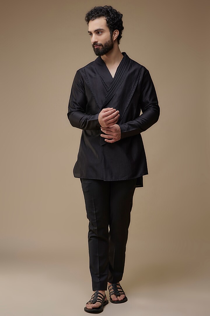 Black Cotton Silk Asymmetric Kurta by Antar Agni Men at Pernia's Pop Up Shop
