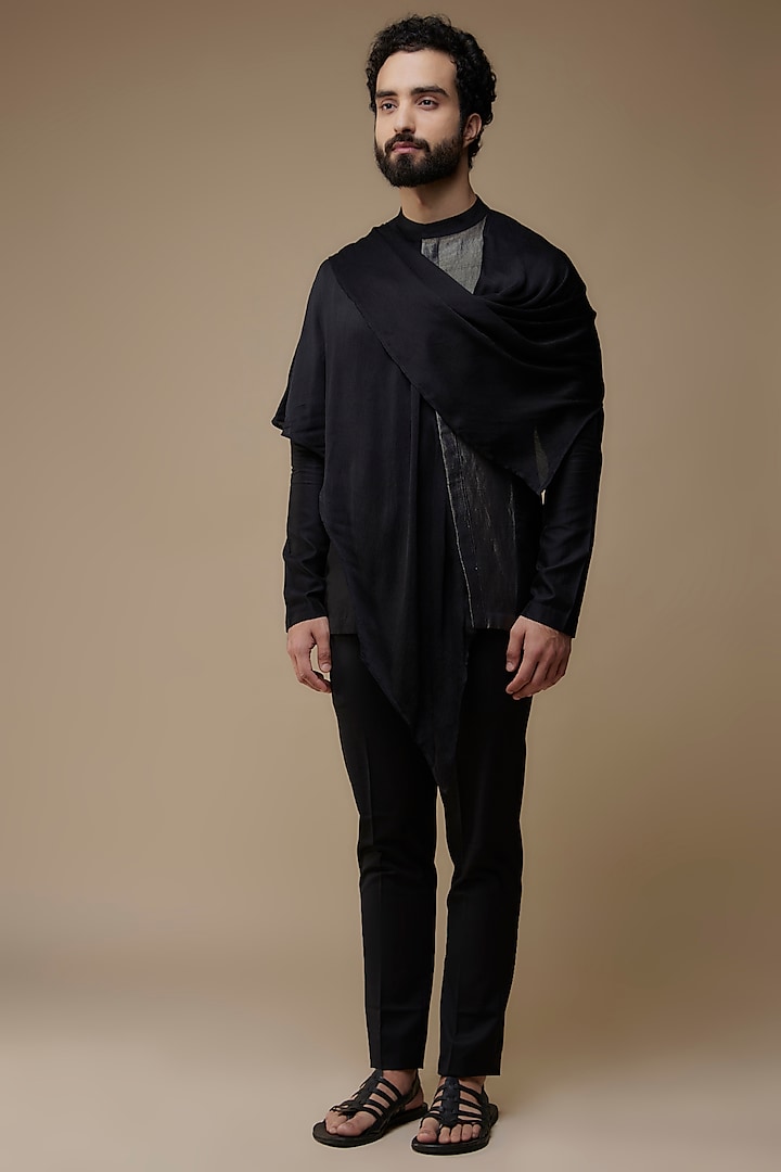 Black Linen Blend Asymmetric Short Kurta by Antar Agni Men