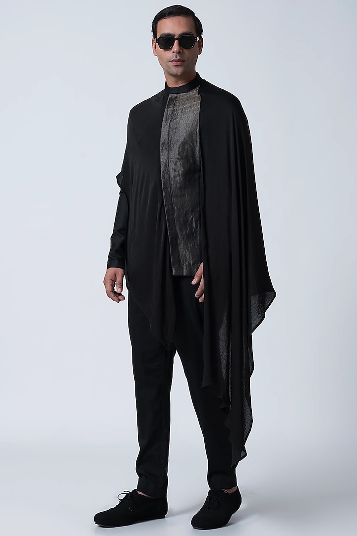 Black Silk Satin Bat Kurta by Antar Agni Men at Pernia's Pop Up Shop