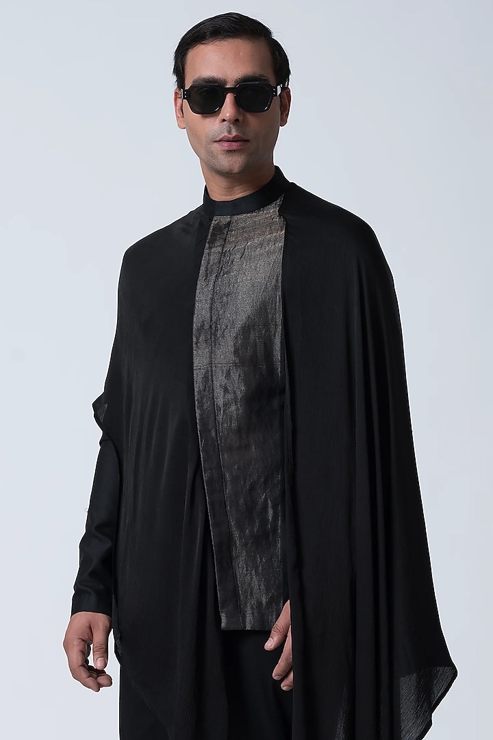Black Silk Satin Bat Kurta by Antar Agni Men at Pernia's Pop Up Shop