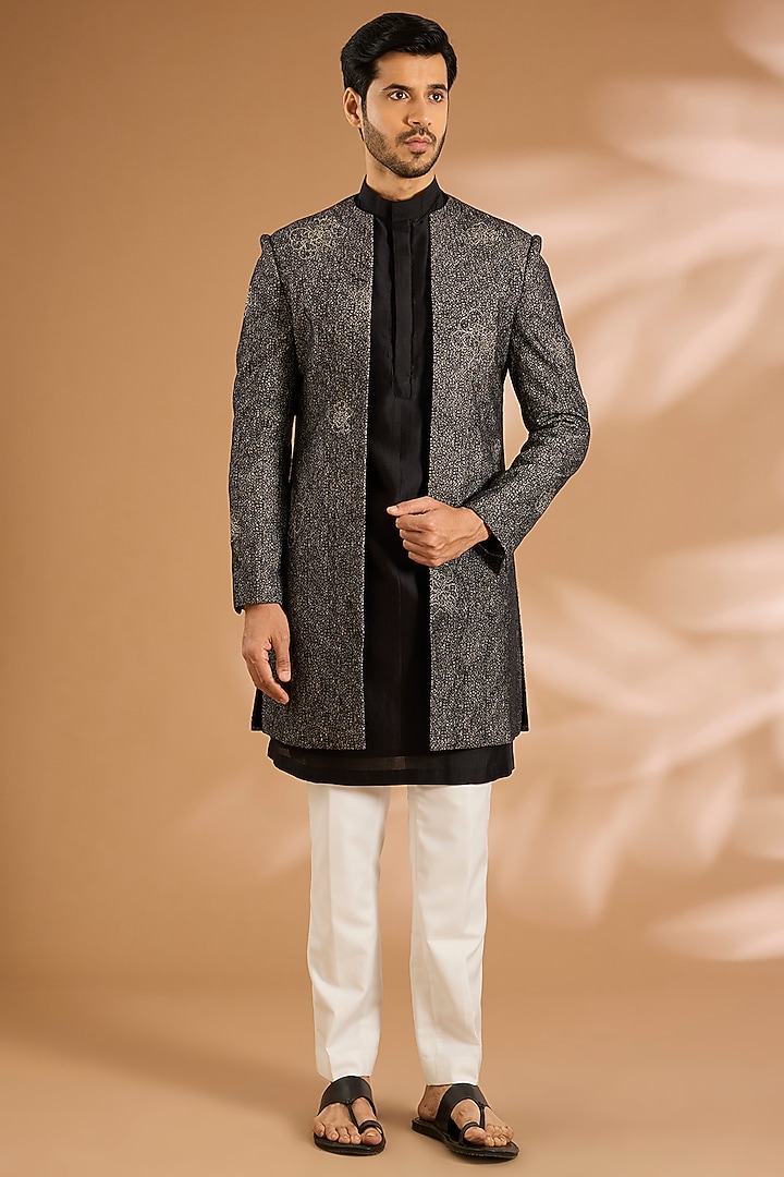 Black Cotton Blend Wedding Indowestern Set by Antar Agni Men at Pernia's Pop Up Shop