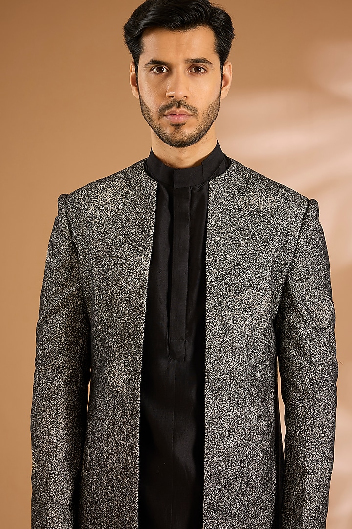 Black Cotton Blend Wedding Indowestern Set by Antar Agni Men at Pernia's Pop Up Shop