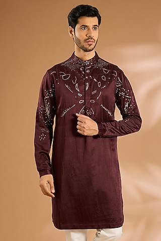 Burgundy Cotton Blend Kurta by Antar Agni Men