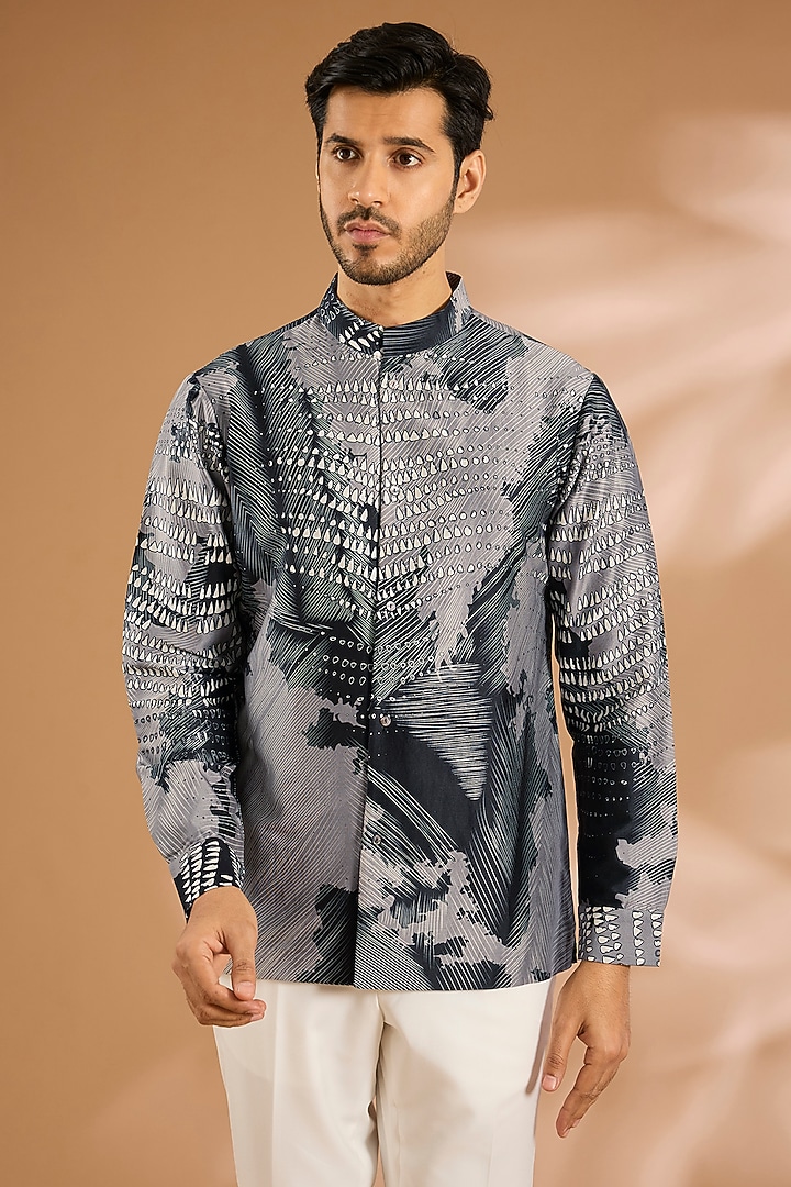 Grey Cotton Blend Wedding Shirt by Antar Agni Men at Pernia's Pop Up Shop