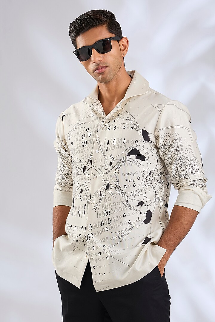 Ivory Cotton Silk Wedding Shirt by Antar Agni Men at Pernia's Pop Up Shop