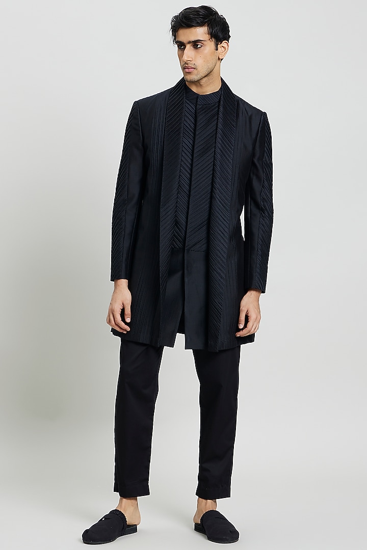 Black Cotton Silk Indo-Western Jacket by Antar Agni Men at Pernia's Pop Up Shop