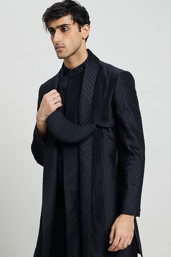 Black Cotton Silk Indo-Western Jacket by Antar Agni Men at Pernia's Pop Up Shop