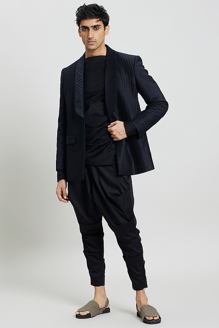 Black Cotton Silk Tuxedo Jacket by Antar Agni Men at Pernia's Pop Up Shop