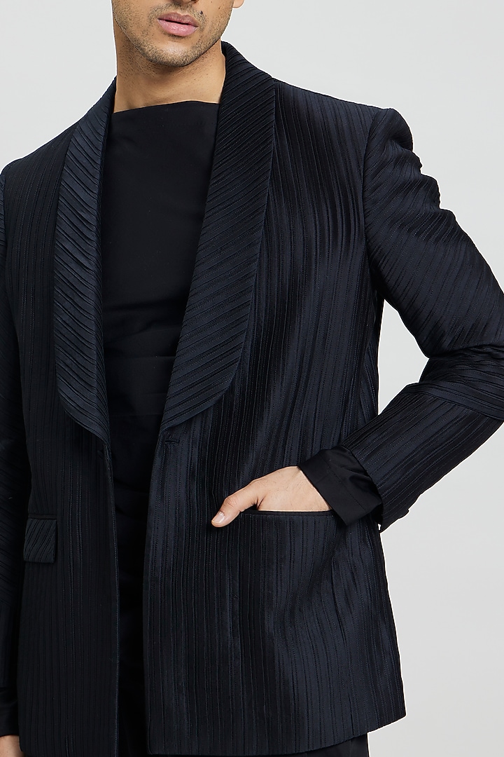 Black Cotton Silk Tuxedo Jacket by Antar Agni Men at Pernia's Pop Up Shop