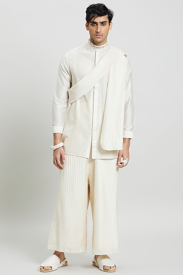 Ivory Cotton Silk Wedding Shirt by Antar Agni Men at Pernia's Pop Up Shop