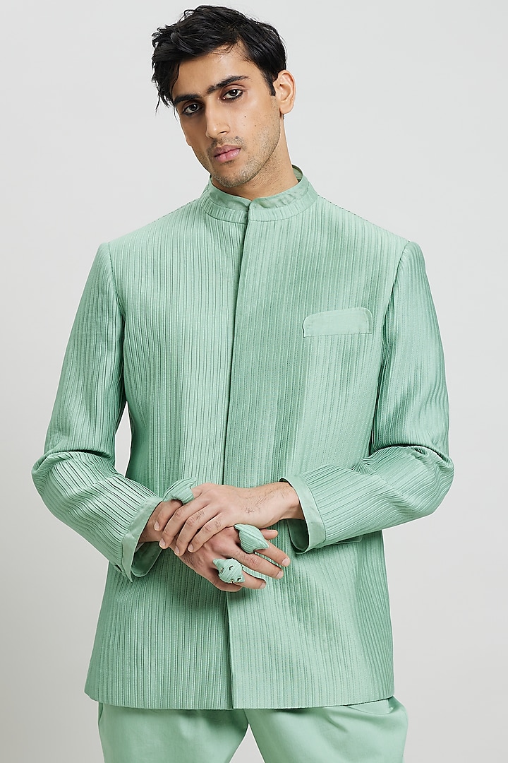 Mint Green Cotton Satin Bandhgala Jacket by Antar Agni Men