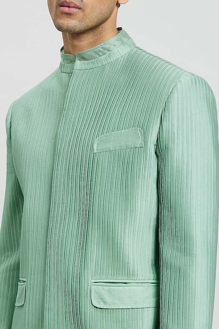 Mint Green Cotton Satin Wedding Bandhgala Jacket by Antar Agni Men at Pernia's Pop Up Shop