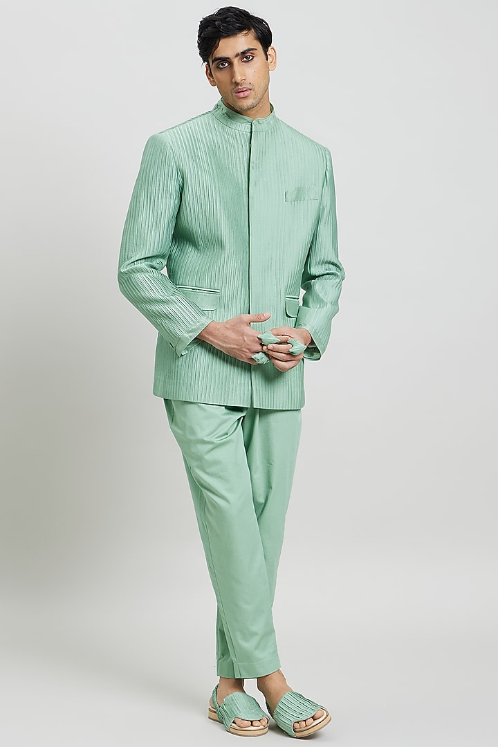 Mint Green Cotton Satin Wedding Bandhgala Jacket by Antar Agni Men at Pernia's Pop Up Shop