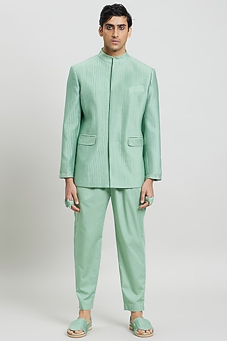 Mint Green Cotton Satin Trousers by Antar Agni Men