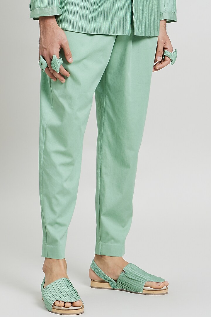 Mint Green Cotton Satin Trousers by Antar Agni Men at Pernia's Pop Up Shop