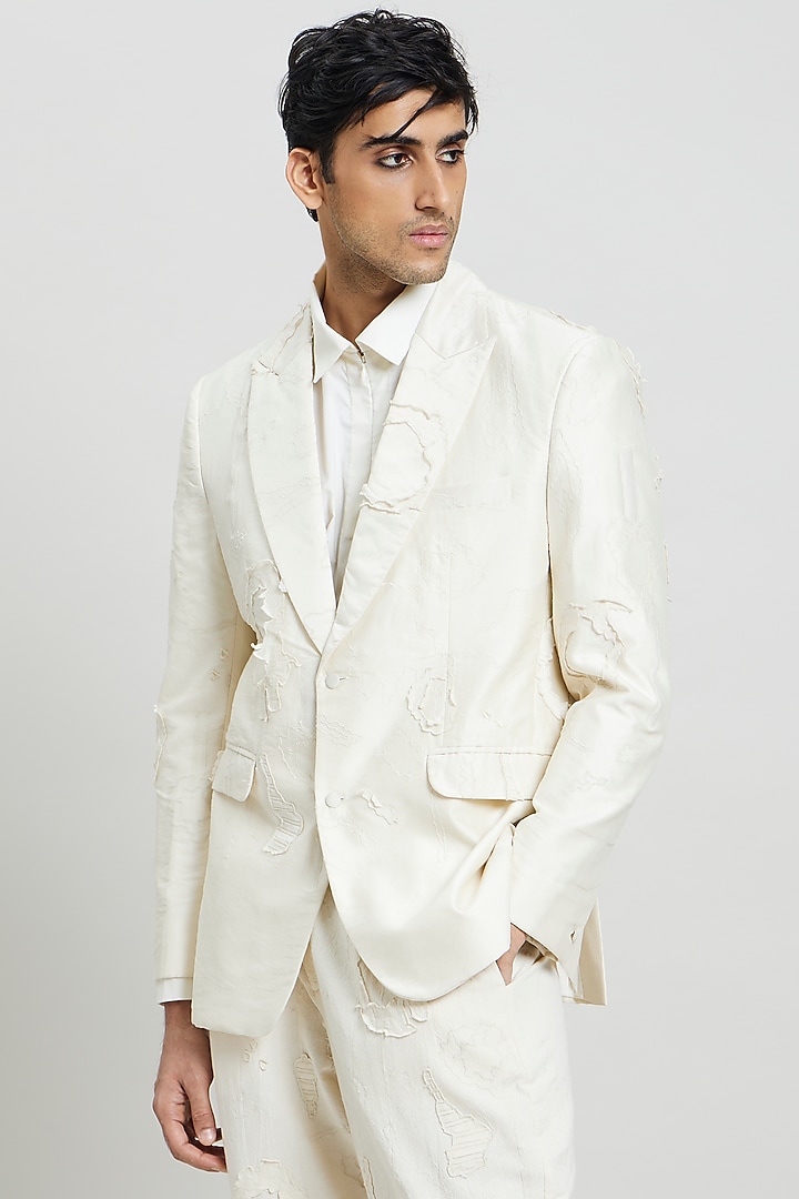 Ivory Cotton Silk Tuxedo Jacket by Antar Agni Men at Pernia's Pop Up Shop