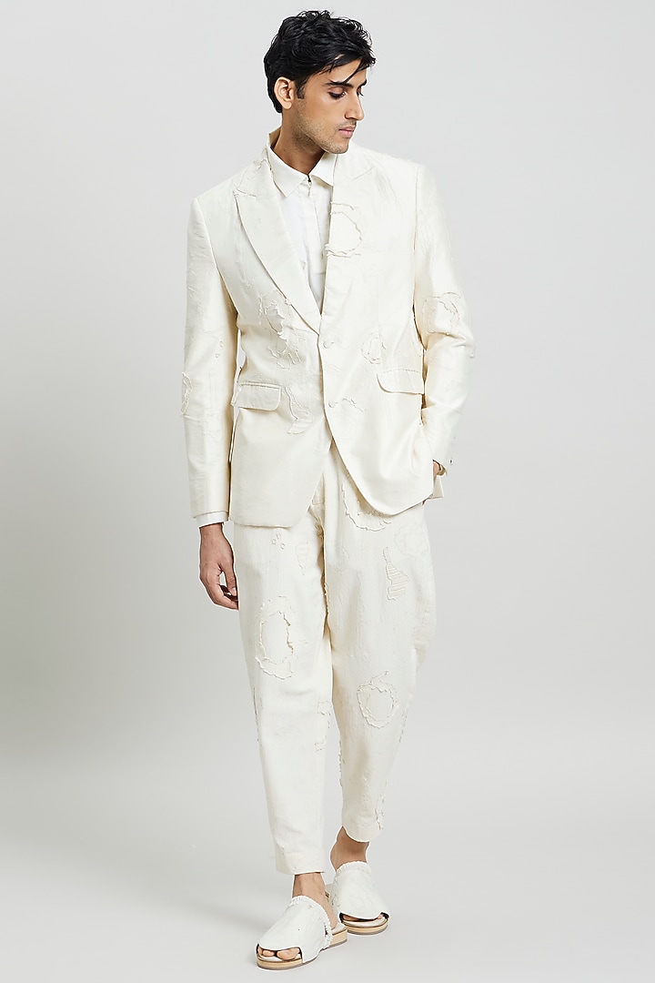 Ivory Cotton Silk Tuxedo Jacket by Antar Agni Men at Pernia's Pop Up Shop